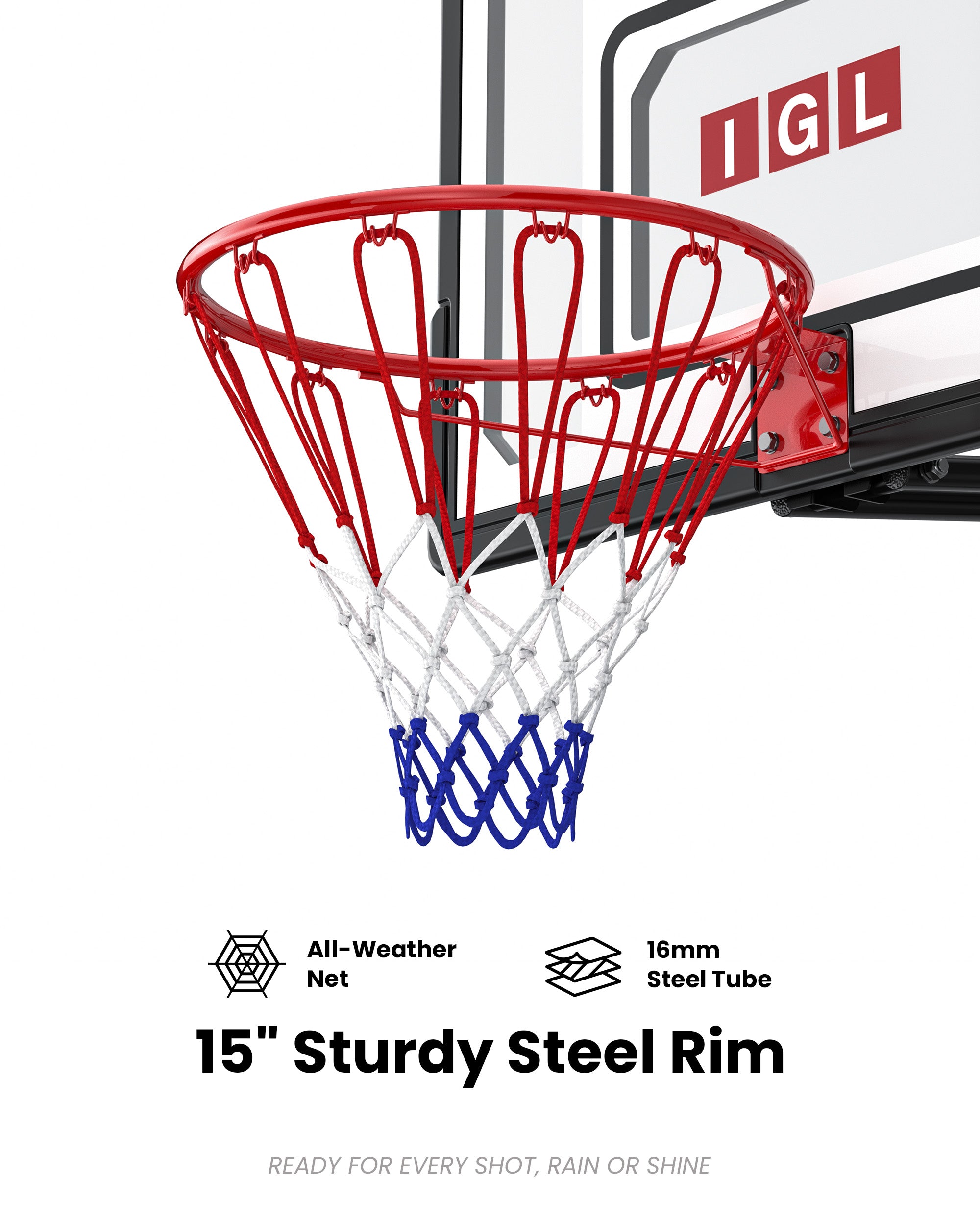 15 inch standard steel rim with an all-weather net, perfect for rainy climates like the Pacific Northwest.