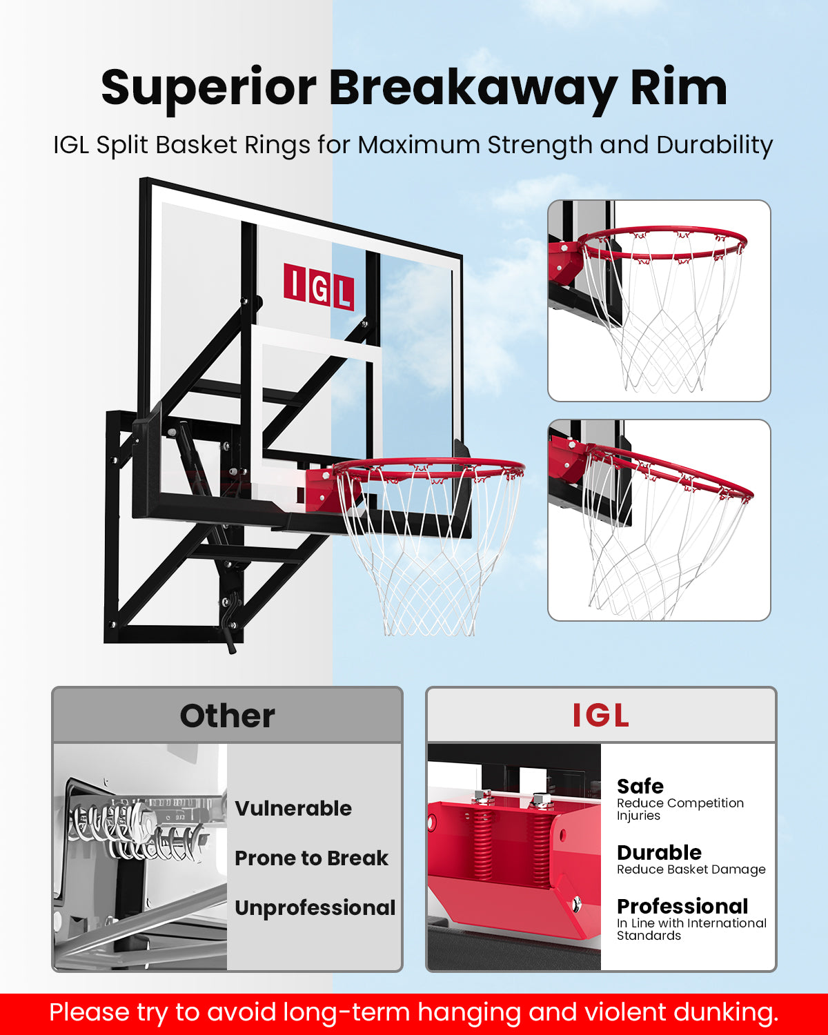 IGL Wallrrior Wall Mount Basketball Hoop Adjustable with Breakaway Rim 54"