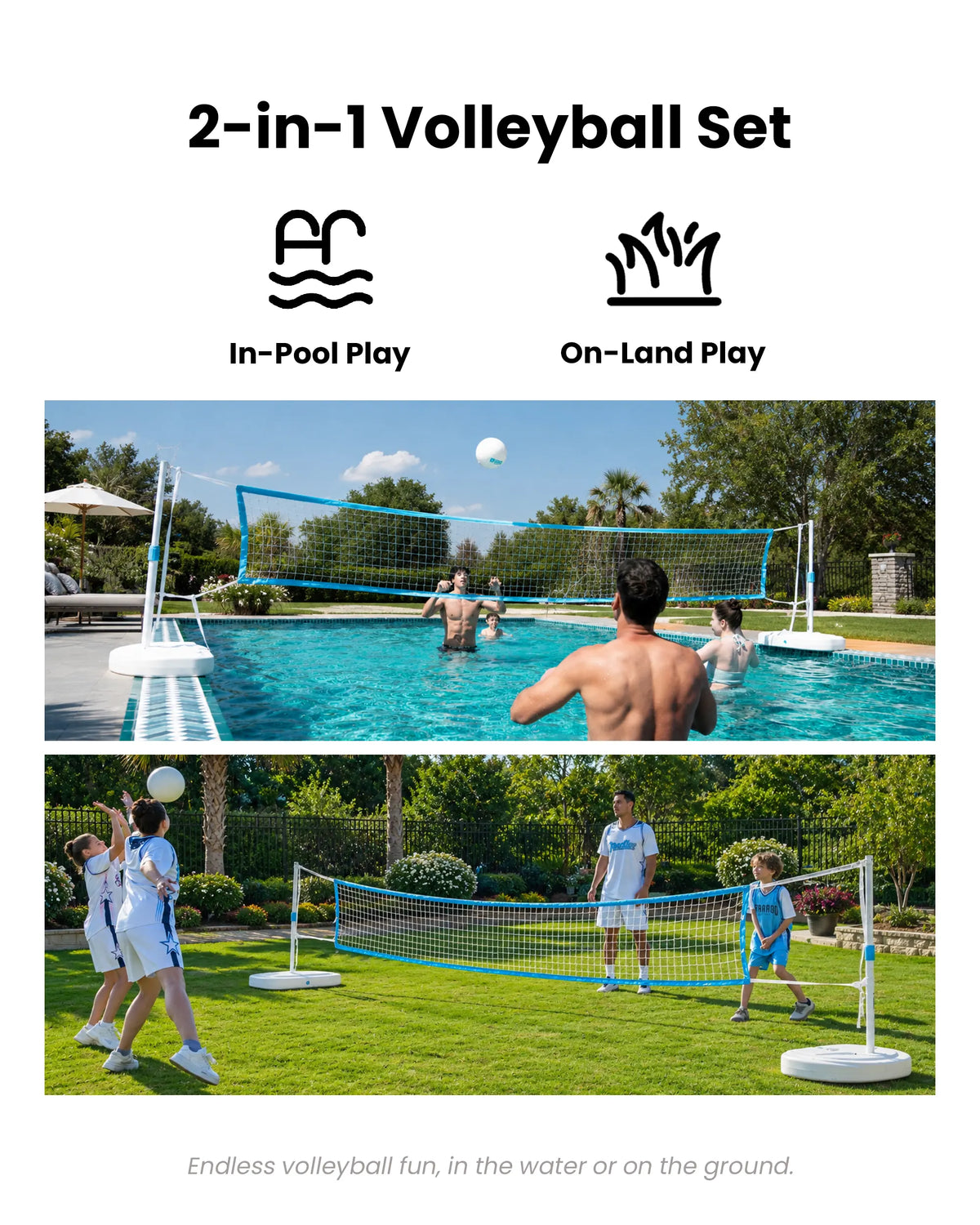 Versatile 2-in-1 aquatic game set perfect for playing pool volleyball or water badminton during summer parties.
