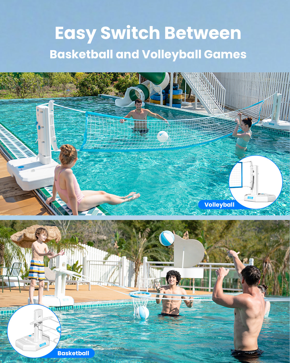 🏀🏐 IGL DunkSplash Duo – Volleyball Net & Pool Basketball Hoop 2 in 1