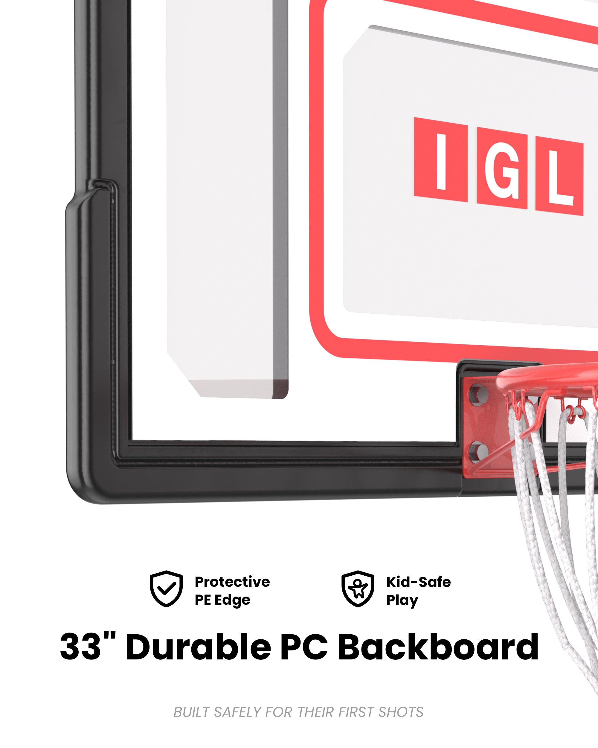 Durable 33 inch youth PC backboard with protective PE edge banding, built for safe play in weather across Texas and Florida.