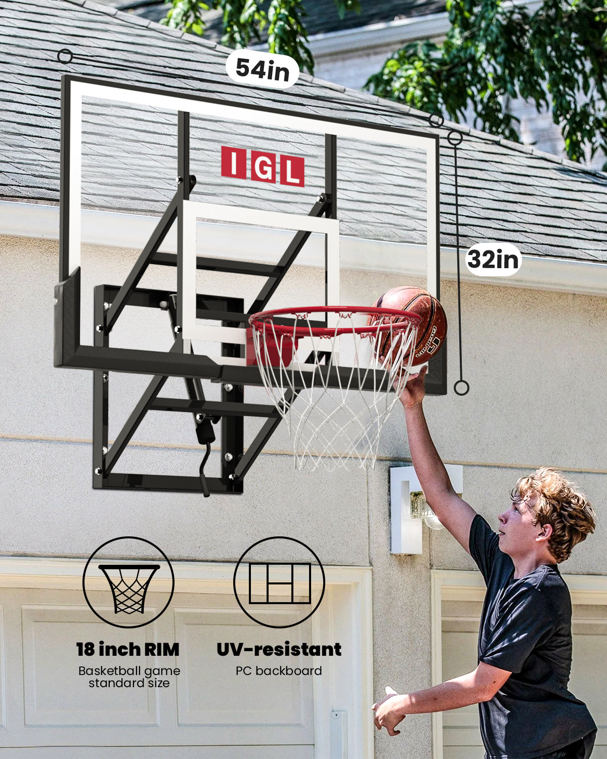 IGL Wallrrior Wall Mount Basketball Hoop Adjustable with Breakaway Rim 54"