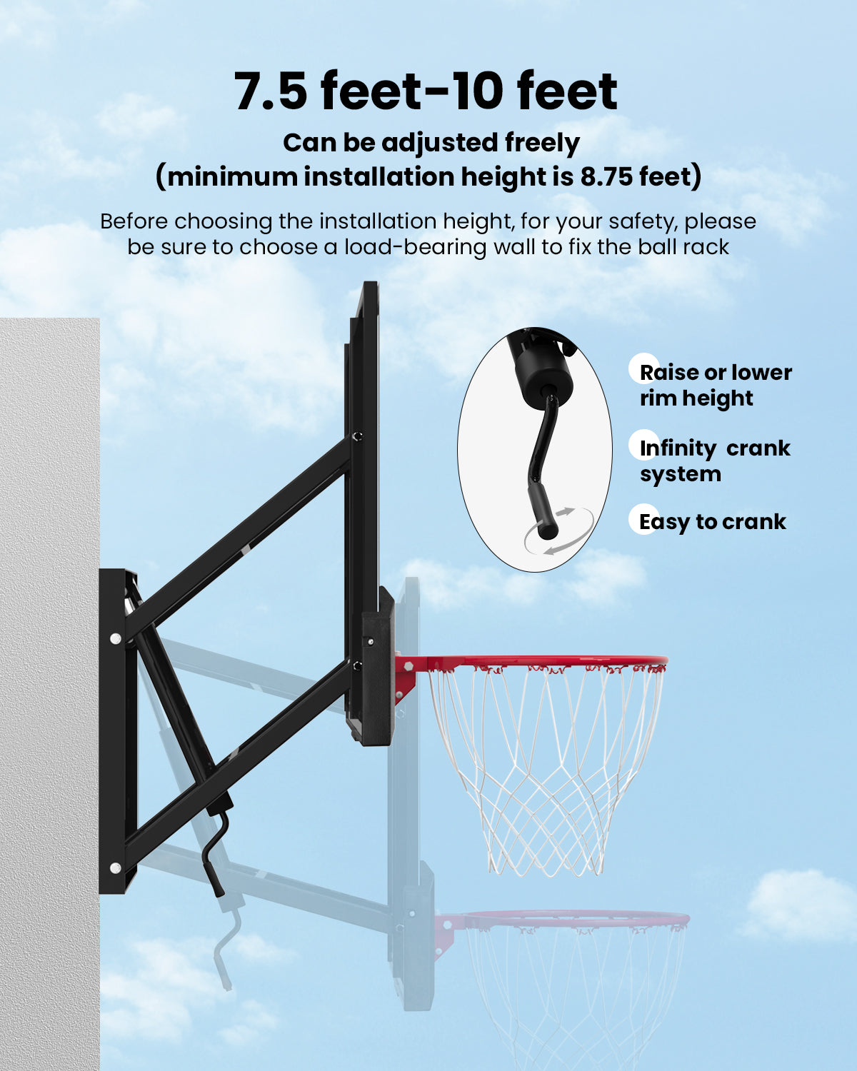 IGL Wallrrior Wall Mount Basketball Hoop Adjustable with Breakaway Rim 54"