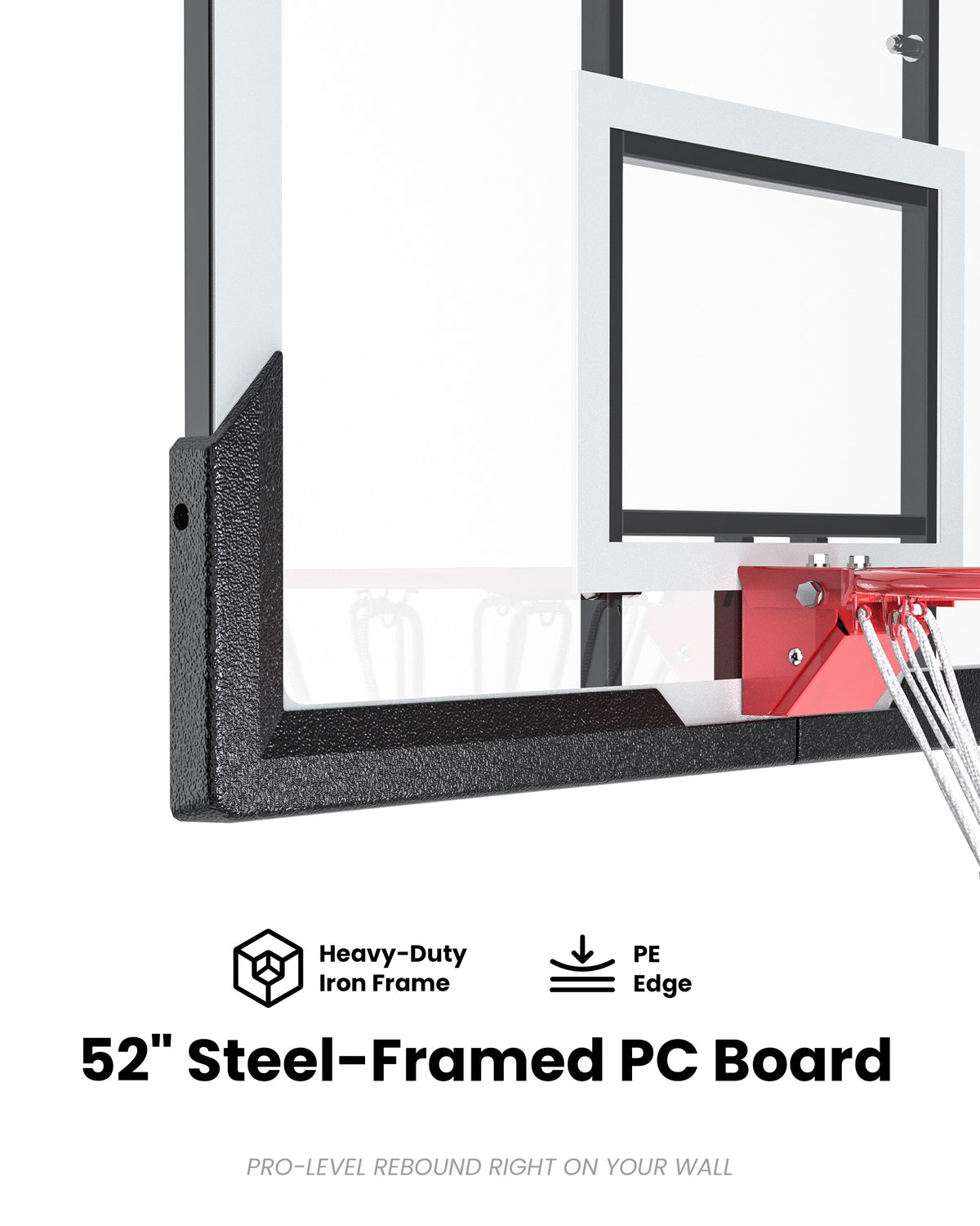 Massive 52 inch shatterproof PC backboard with iron frame and PE corners, built for rigorous wall-mounted outdoor play.