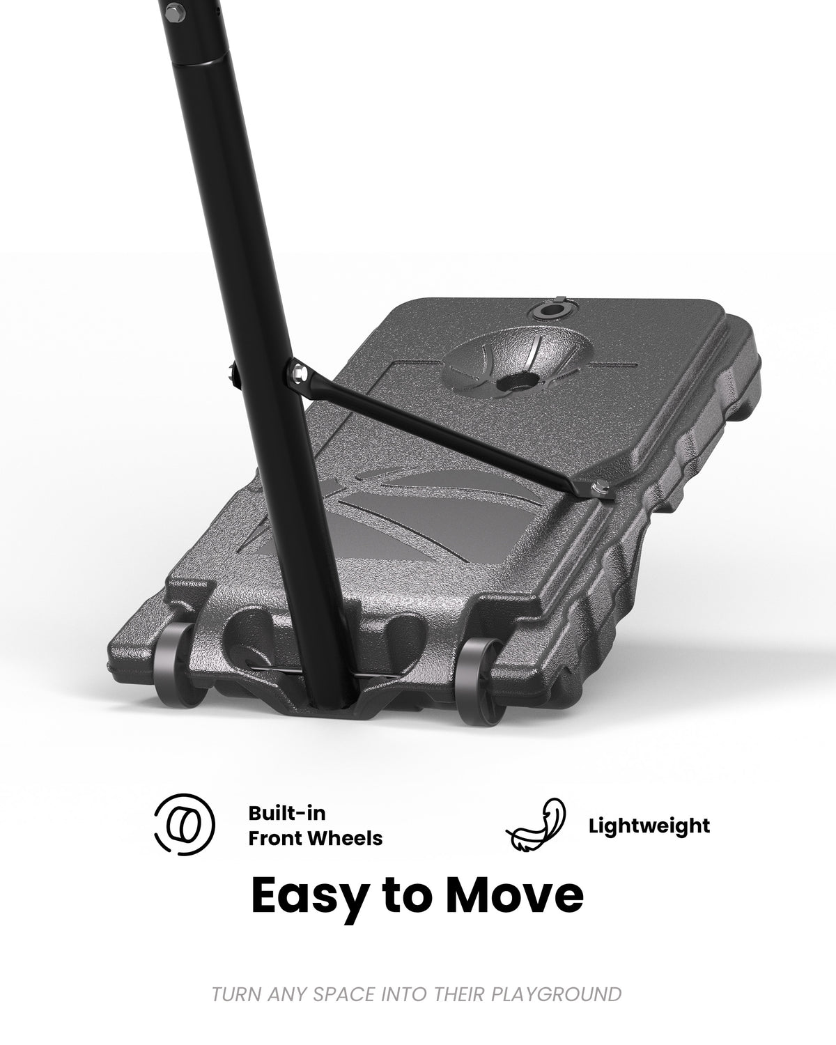 Easy mobility lightweight portable basketball hoop with front wheels, perfect for quick court setup in urban driveways.