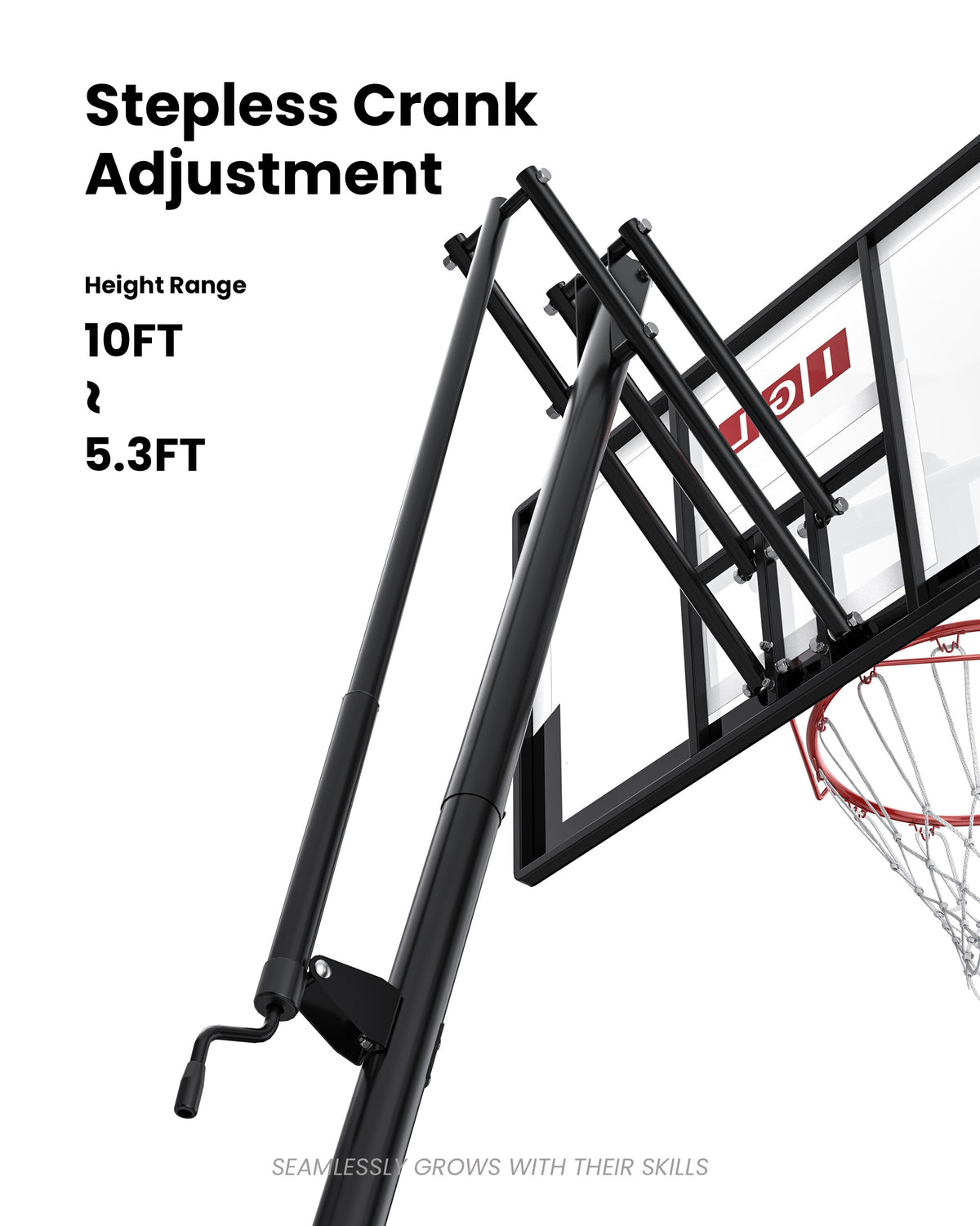 Smooth hand-crank height adjustable basketball goal from 5.3 to 10 feet, ideal for growing families in neighborhood communities.