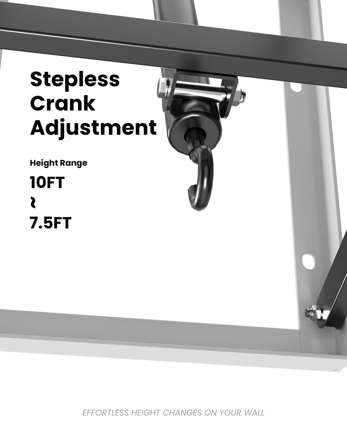 Heavy-duty wall-mounted basketball bracket features a smooth hand-crank adjustment system from 7.5 to 10 feet.