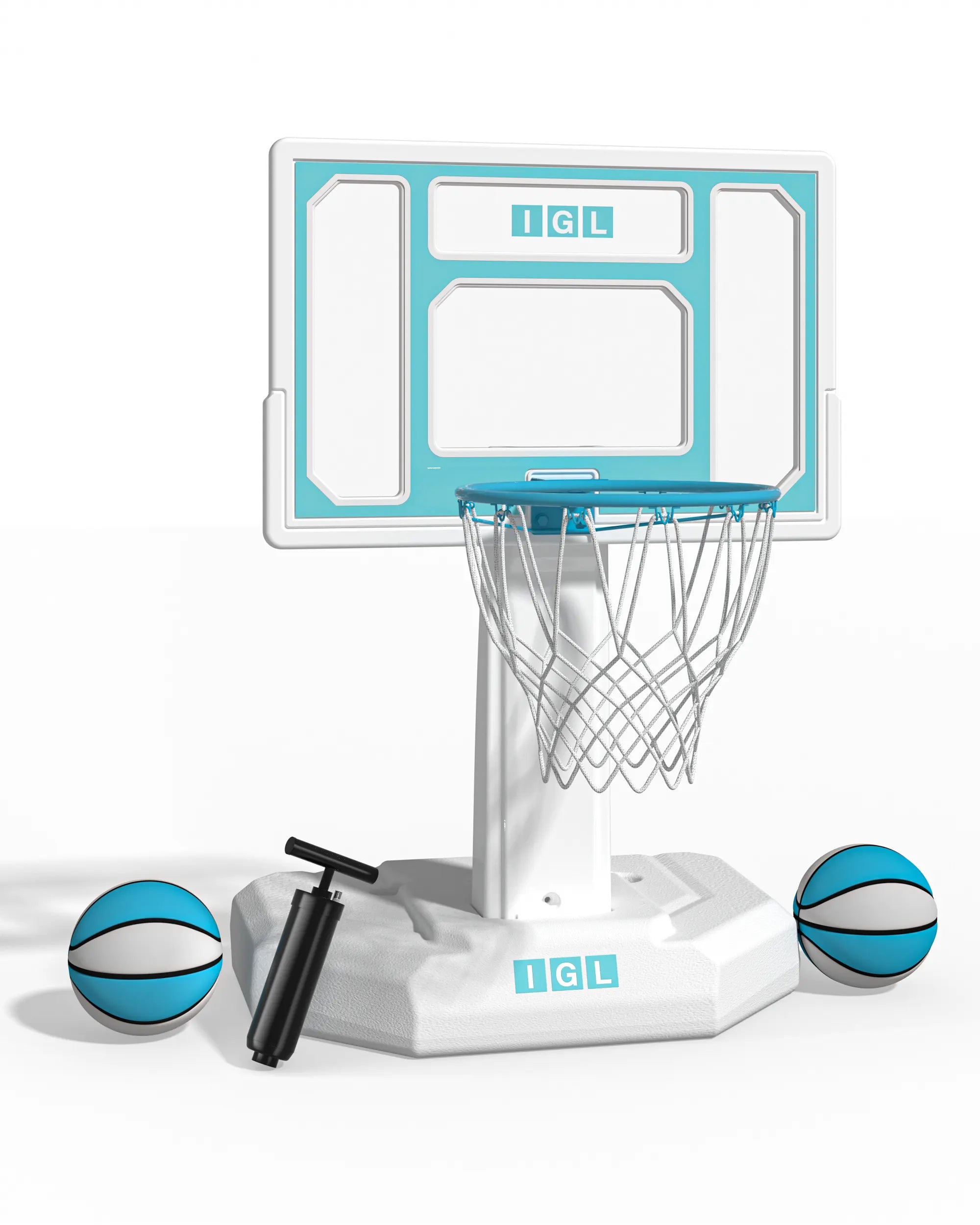 IGL 32 inch compact poolside water basketball hoop set up by a swimming pool, perfect for youth summer fun in North America.