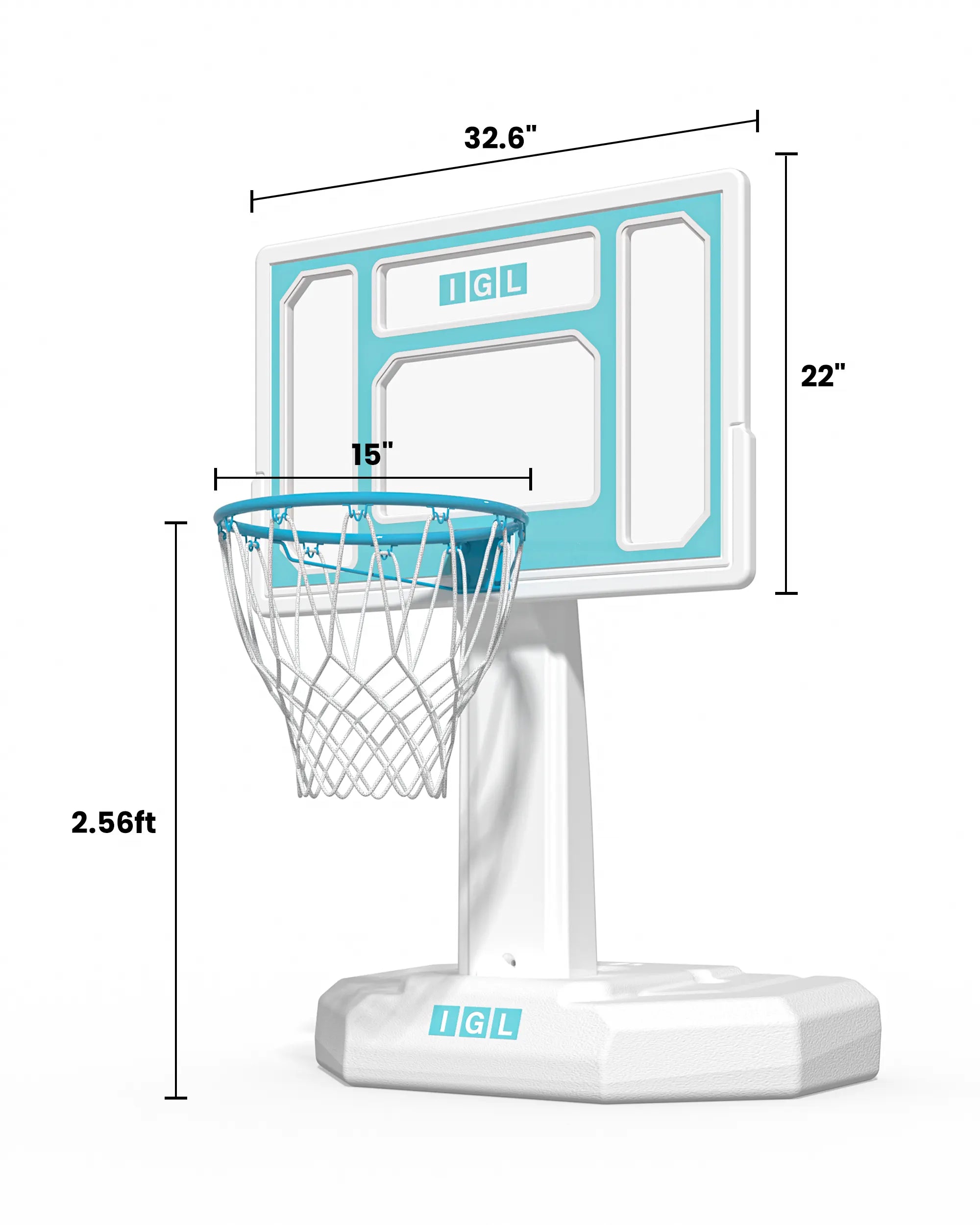 Detailed dimensions for the IGL 44GLY2 poolside basketball hoop, ensuring a perfect fit for the edge of your swimming pool.
