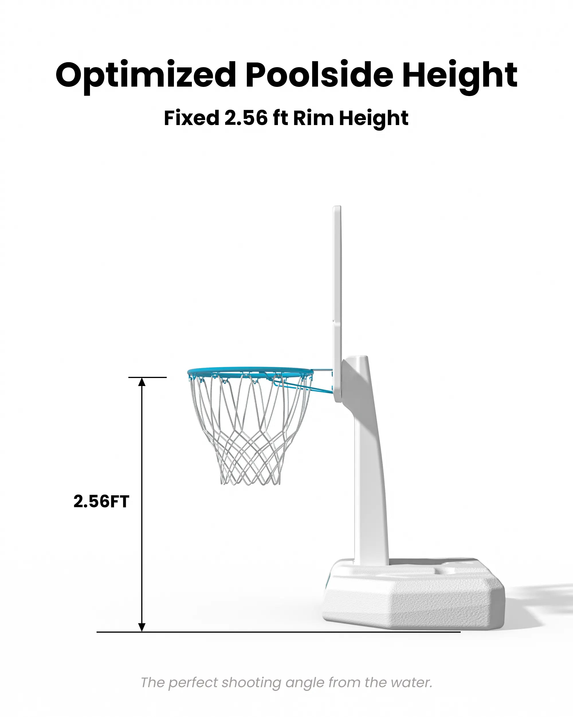 Fixed 2.56 ft rim height is ergonomically optimized for youth shooting basketballs from inside the swimming pool.