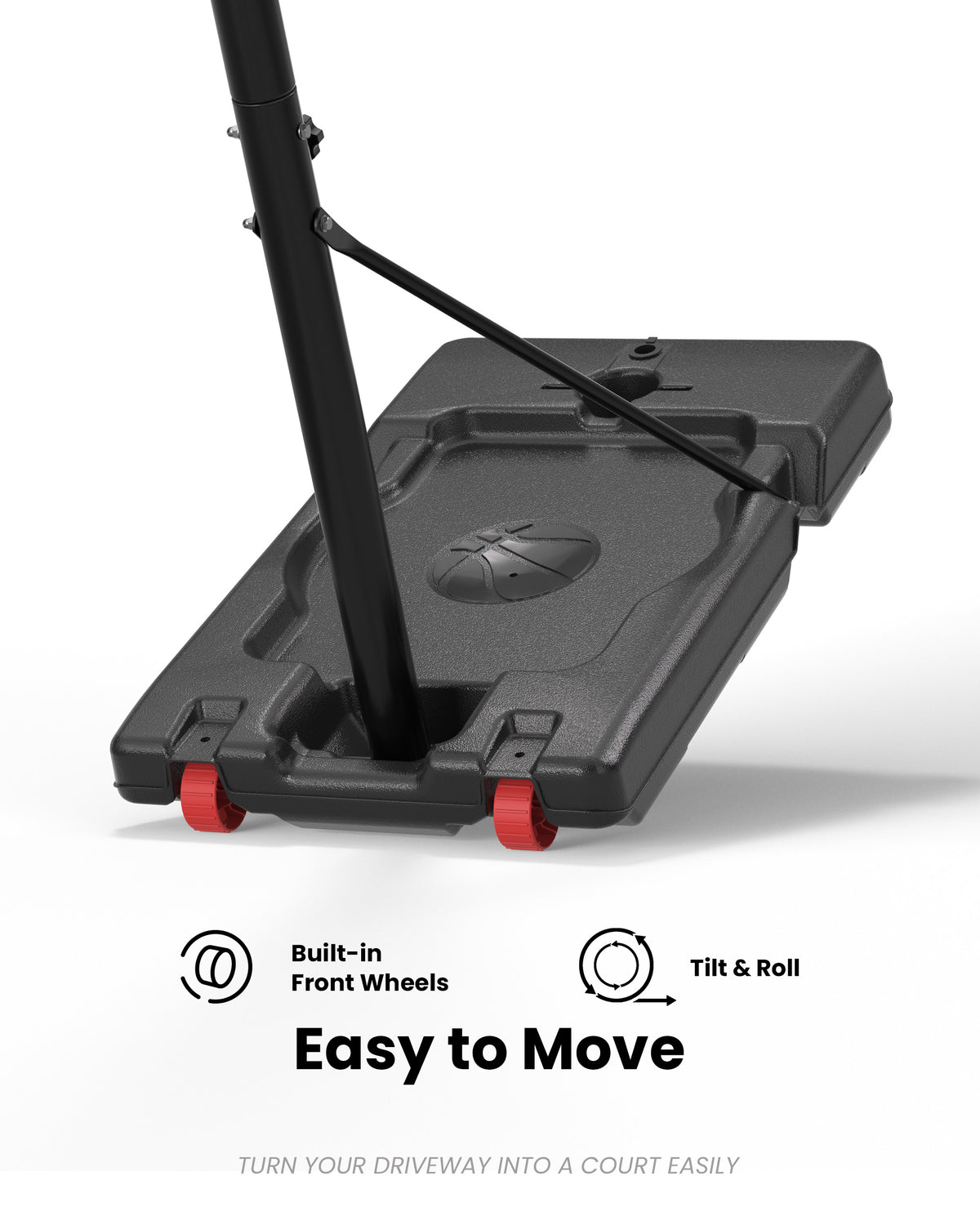Easy to move portable basketball hoop with built-in front wheels, perfect for quick setup in compact home driveways.