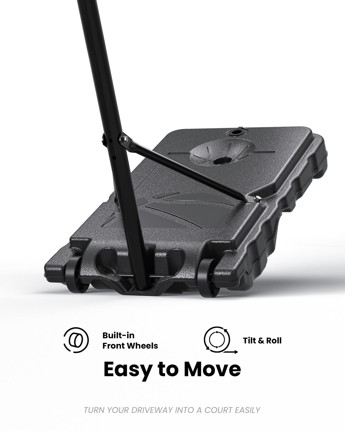 Easy to move portable basketball hoop with built-in front wheels, perfect for quick setup in home driveways.