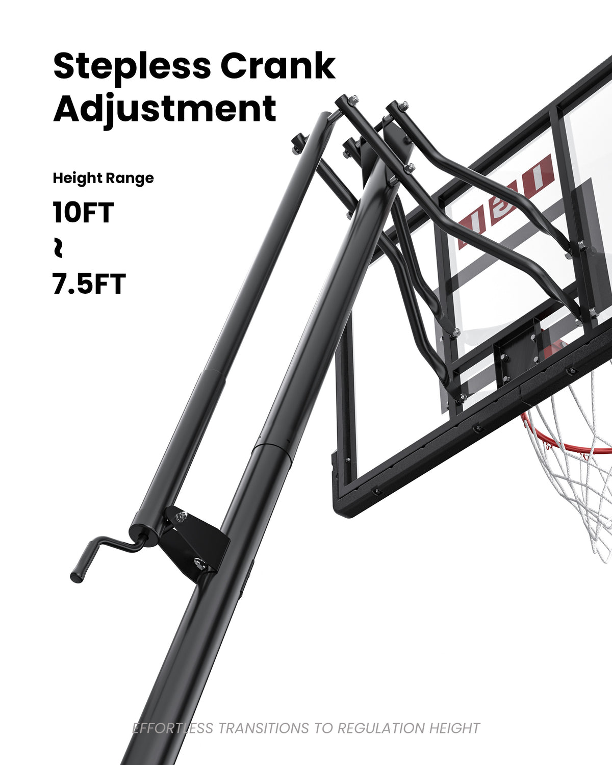 Effortless pro hand-crank height adjustable basketball goal from 7.5 to 10 feet, ideal for teens and adults in neighborhood communities.