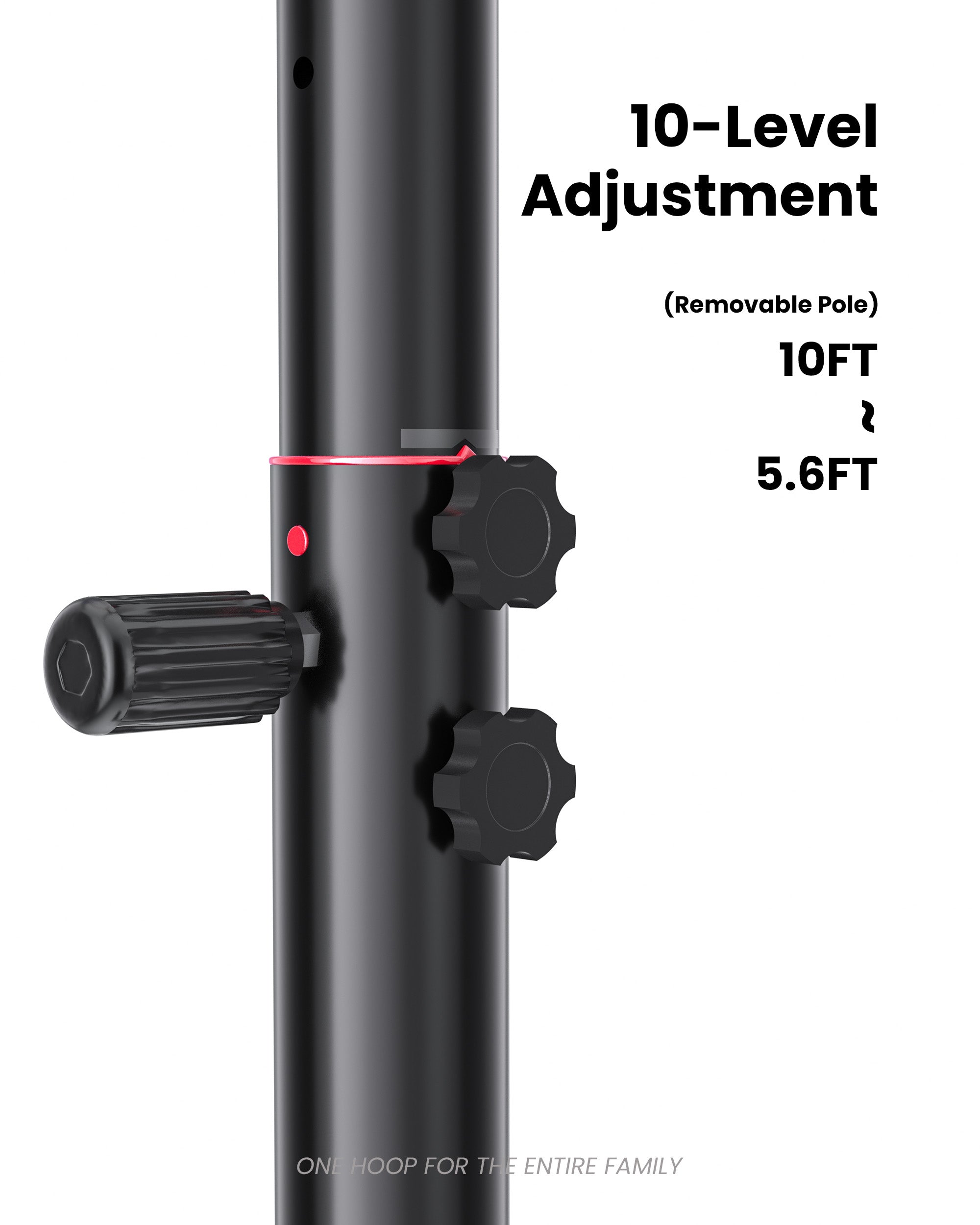 Telescoping height adjustable basketball goal from 5.6 to 10 feet with 10 levels, ideal for growing families in neighborhood communities.
