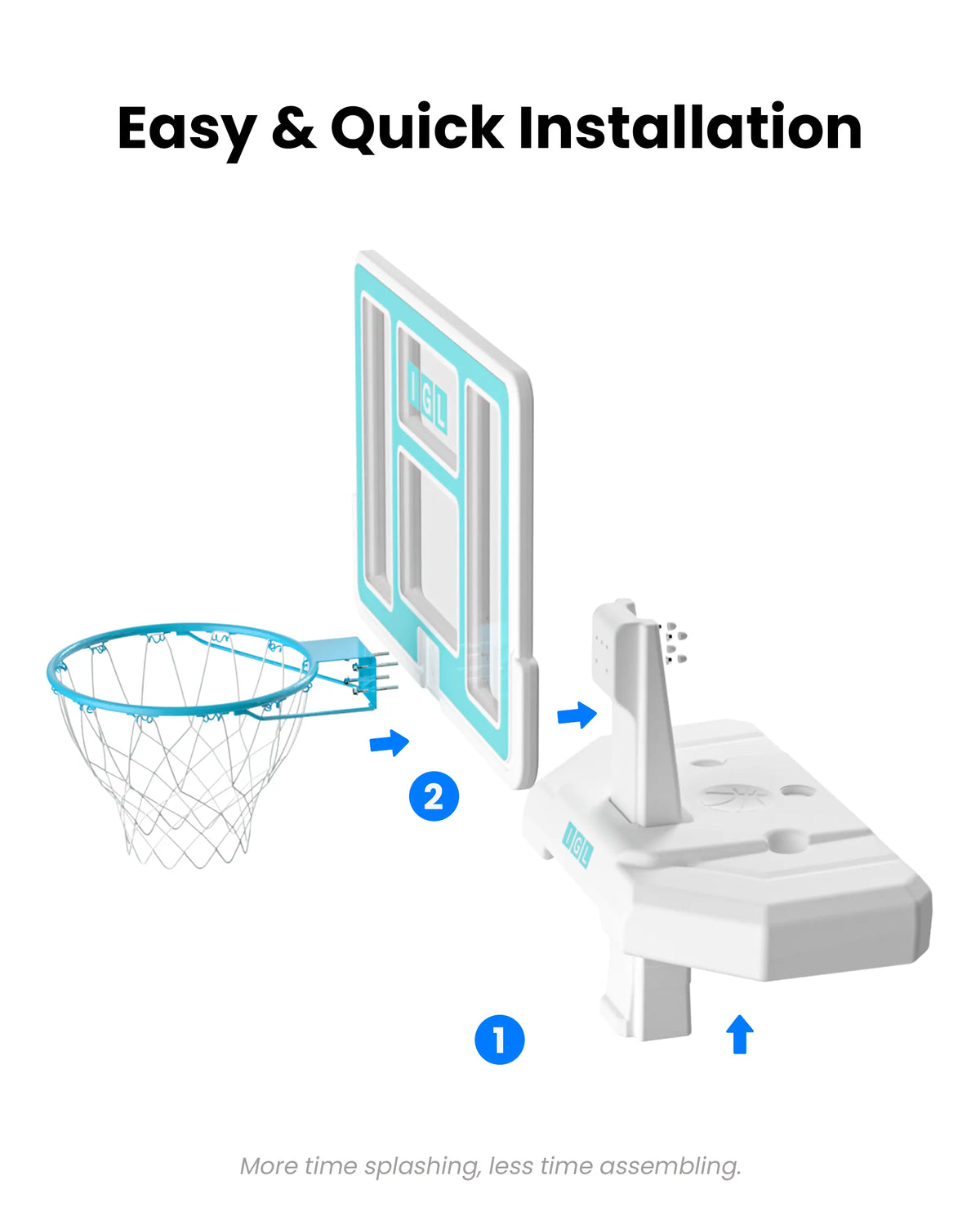 Tool-free quick setup pin connection allows for fast assembly of the water basketball hoop on your pool deck.