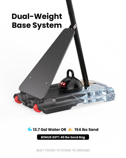 Stable 13.7 gallon portable hoop base holds water or 154 lbs sand, plus a bonus weight bag for high-wind coastal areas.