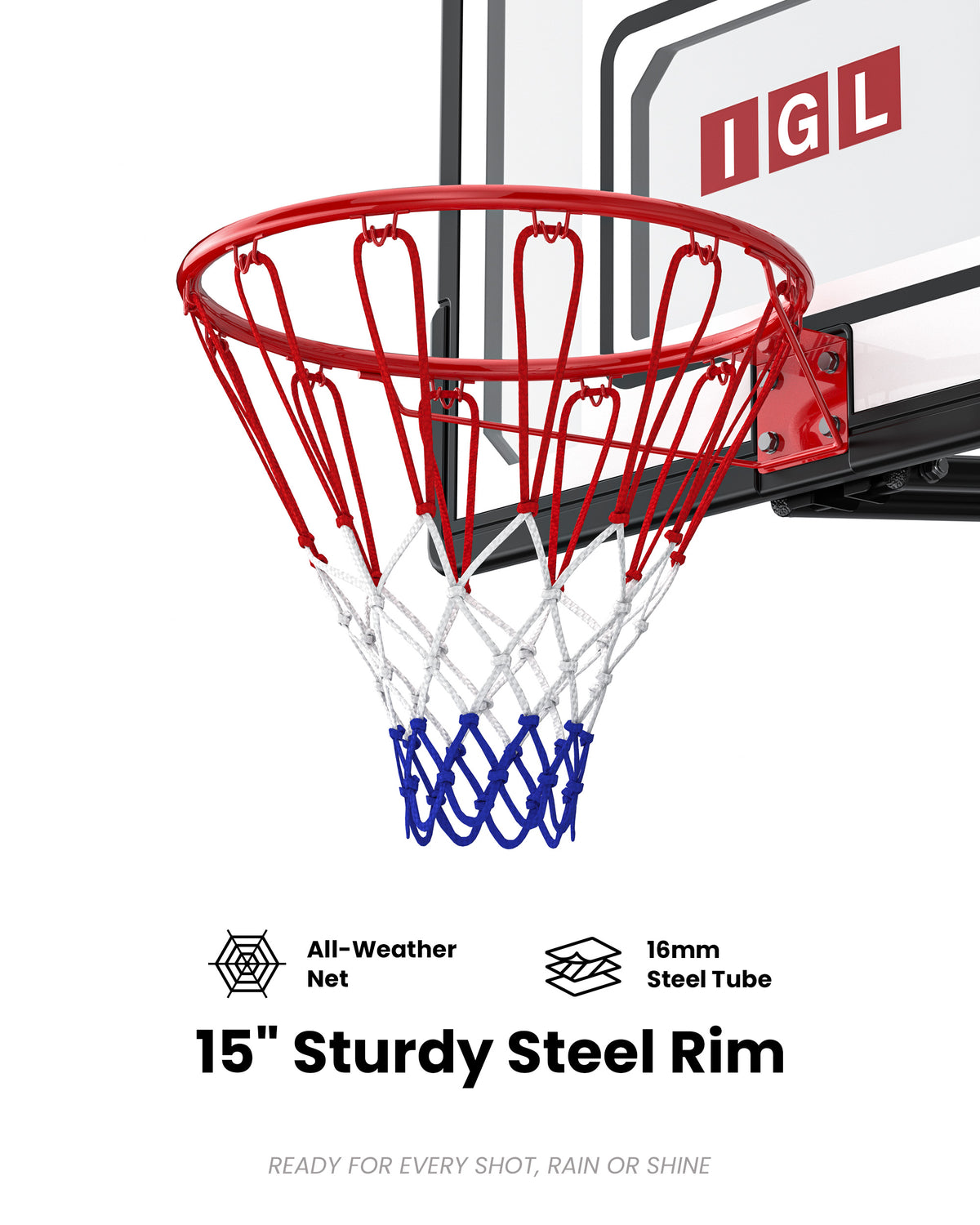 15 inch standard steel rim with an all-weather net, perfect for rainy climates like the Pacific Northwest.
