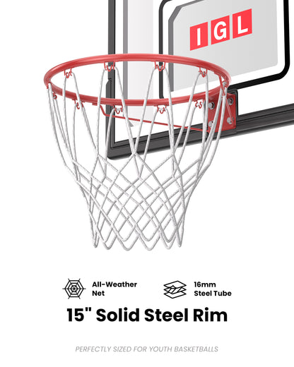 15 inch kids standard steel rim with an all-weather net, perfect for intense outdoor play and rainy climates like the Pacific Northwest.
