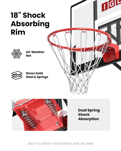 18 inch standard steel breakaway rim with shock-absorbing springs and all-weather net, perfect for rainy climates like the Pacific Northwest.