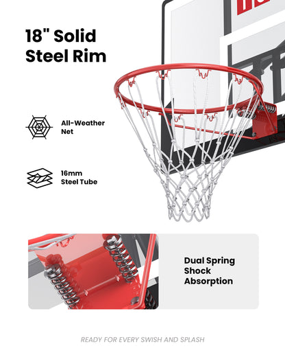 18 inch standard steel rim with an all-weather net, perfect for intense outdoor play and rainy climates like the Pacific Northwest.