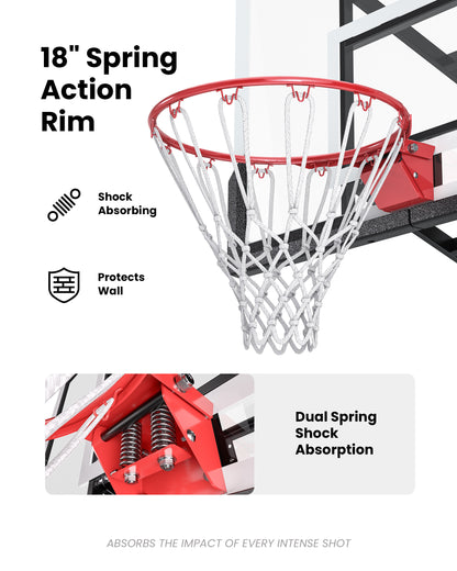 18 inch spring-action steel rim absorbs impact to protect the wall and provides an authentic feel for the 52 inch wall-mounted hoop.