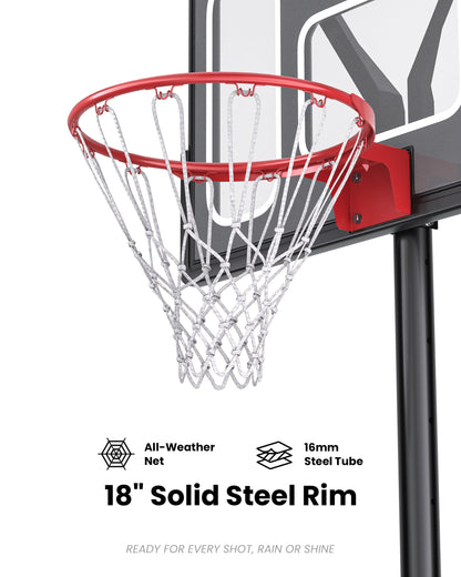 18 inch standard steel rim with an all-weather net, perfect for intense outdoor play and rainy climates.