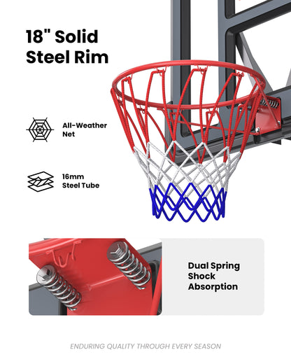 18 inch standard steel rim with an all-weather net, perfect for intense outdoor play and rainy climates like the Pacific Northwest.