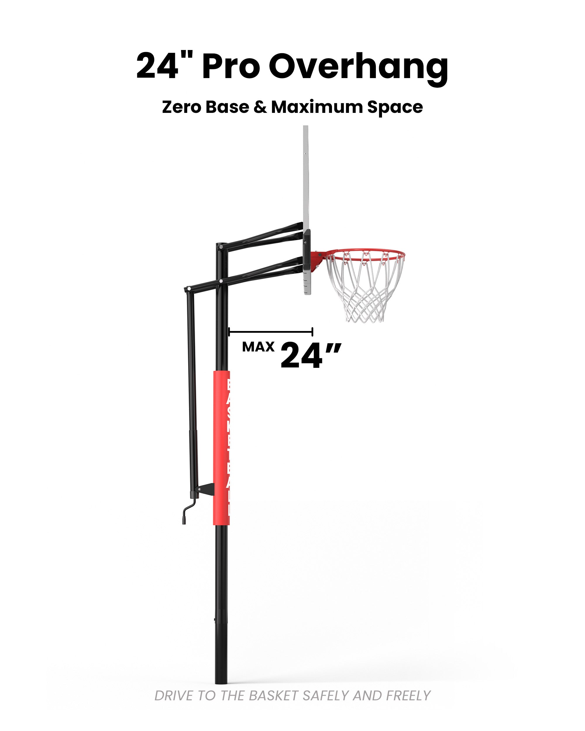 24 inch overhang in-ground basketball system maximizes court space and provides a safe buffer zone for layups without a bulky base.