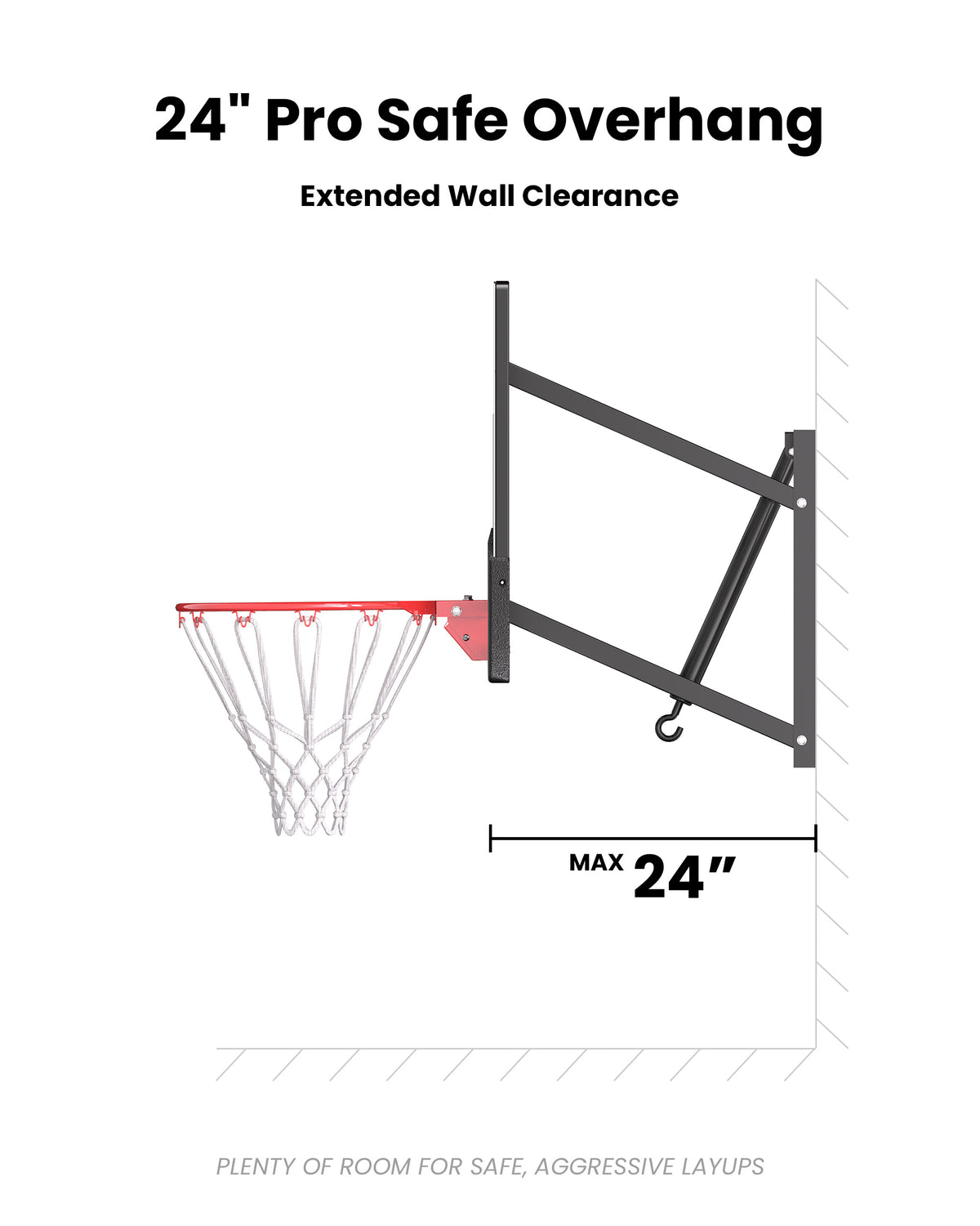 24 inch overhang wall-mounted basketball system maximizes driveway space and provides a safe buffer zone from the wall for layups.