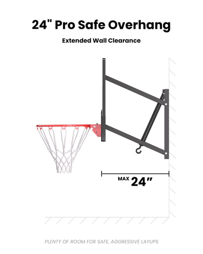 24 inch overhang wall-mounted basketball system maximizes driveway space and provides a safe buffer zone from the wall for layups.
