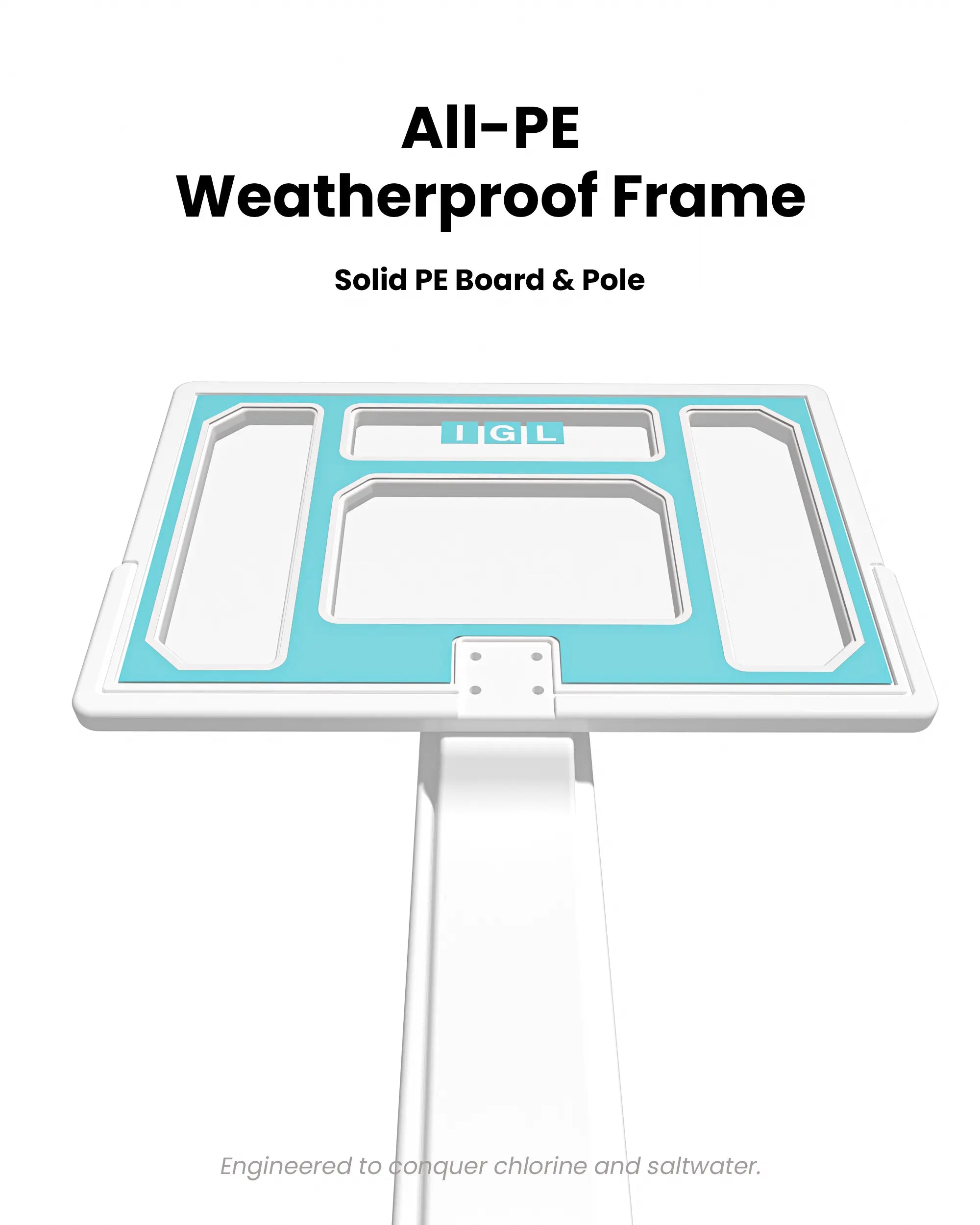 28 inch solid PE weatherproof basketball backboard built to withstand heavy splashing and energetic toddler play by the pool.
第 5 张：9加仑防滑底座 (极限防倒安全)