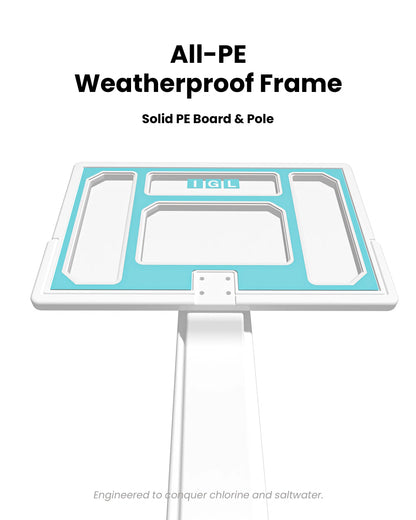 28 inch solid PE weatherproof basketball backboard built to withstand heavy splashing and energetic toddler play by the pool.
第 5 张：9加仑防滑底座 (极限防倒安全)