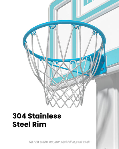 Rust-proof 304 stainless steel 18 inch rim designed specifically for poolside basketball hoops to prevent deck stains.