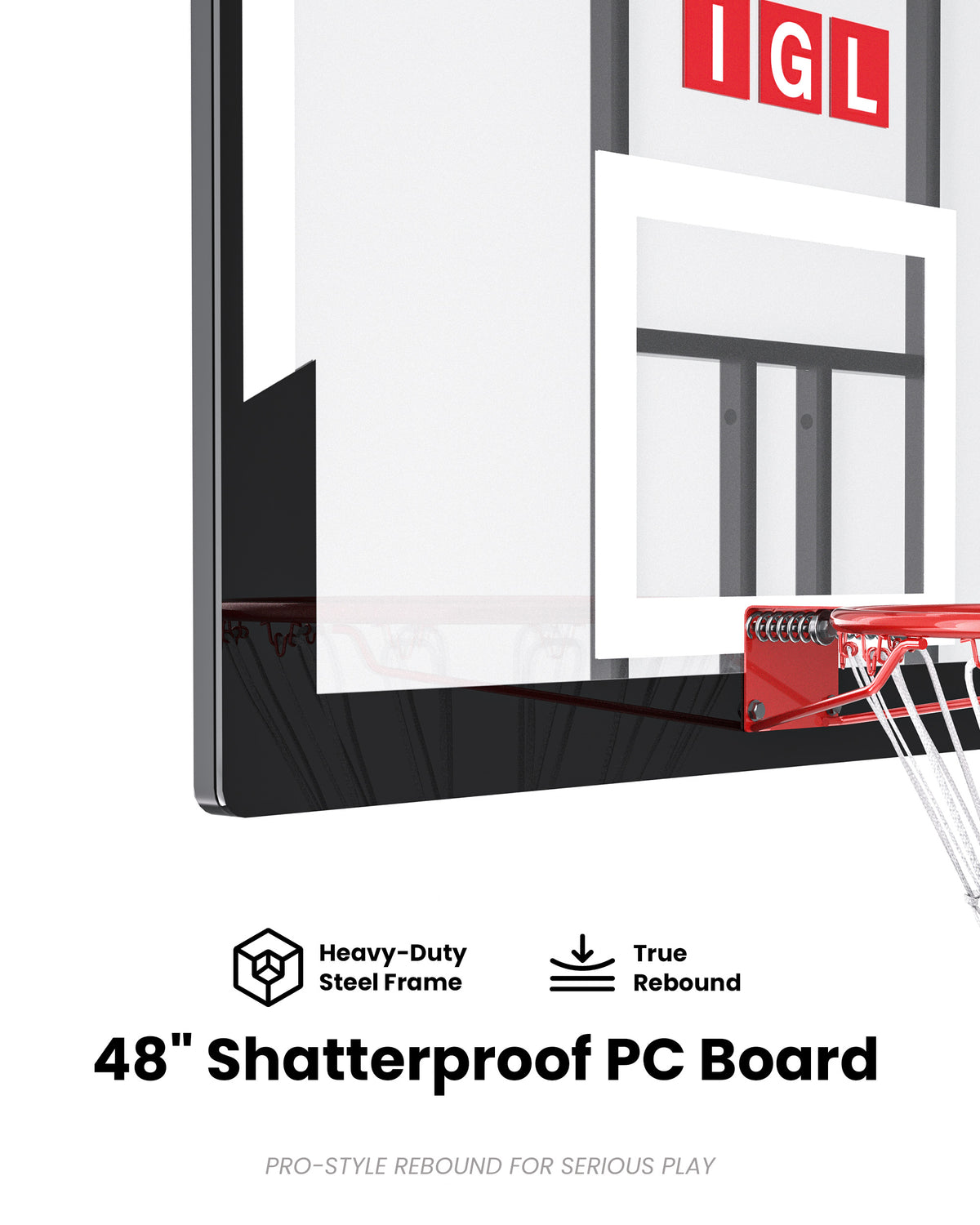 Durable 48 inch shatterproof PC backboard with steel frame, built to withstand extreme weather in states like Texas and Florida.
