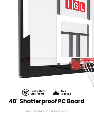 Durable 48 inch shatterproof PC backboard with steel frame, built to withstand extreme weather in states like Texas and Florida.