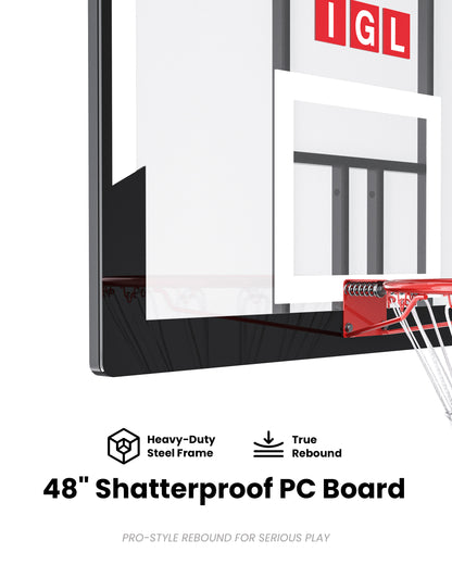 Durable 48 inch shatterproof PC backboard with steel frame, built to withstand extreme weather in states like Texas and Florida.