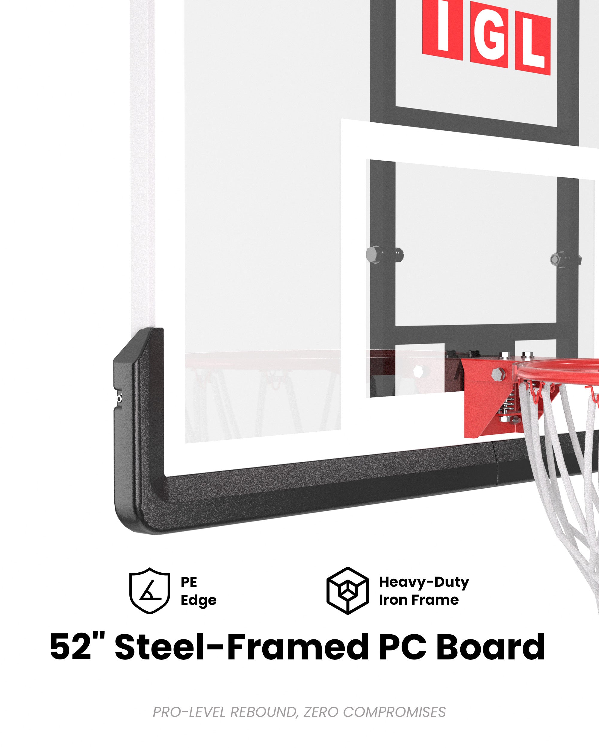 Massive 52 inch shatterproof PC backboard with iron frame and PE corners, built for extreme weather in Texas and Florida.
