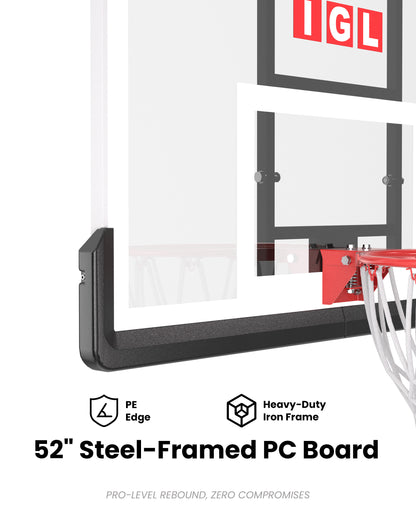 Massive 52 inch shatterproof PC backboard with iron frame and PE corners, built for extreme weather in Texas and Florida.