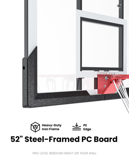 Massive 52 inch shatterproof PC backboard with iron frame and PE corners, built for rigorous wall-mounted outdoor play.