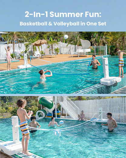 DunkSplash Duo – 排球网和泳池篮球架二合一