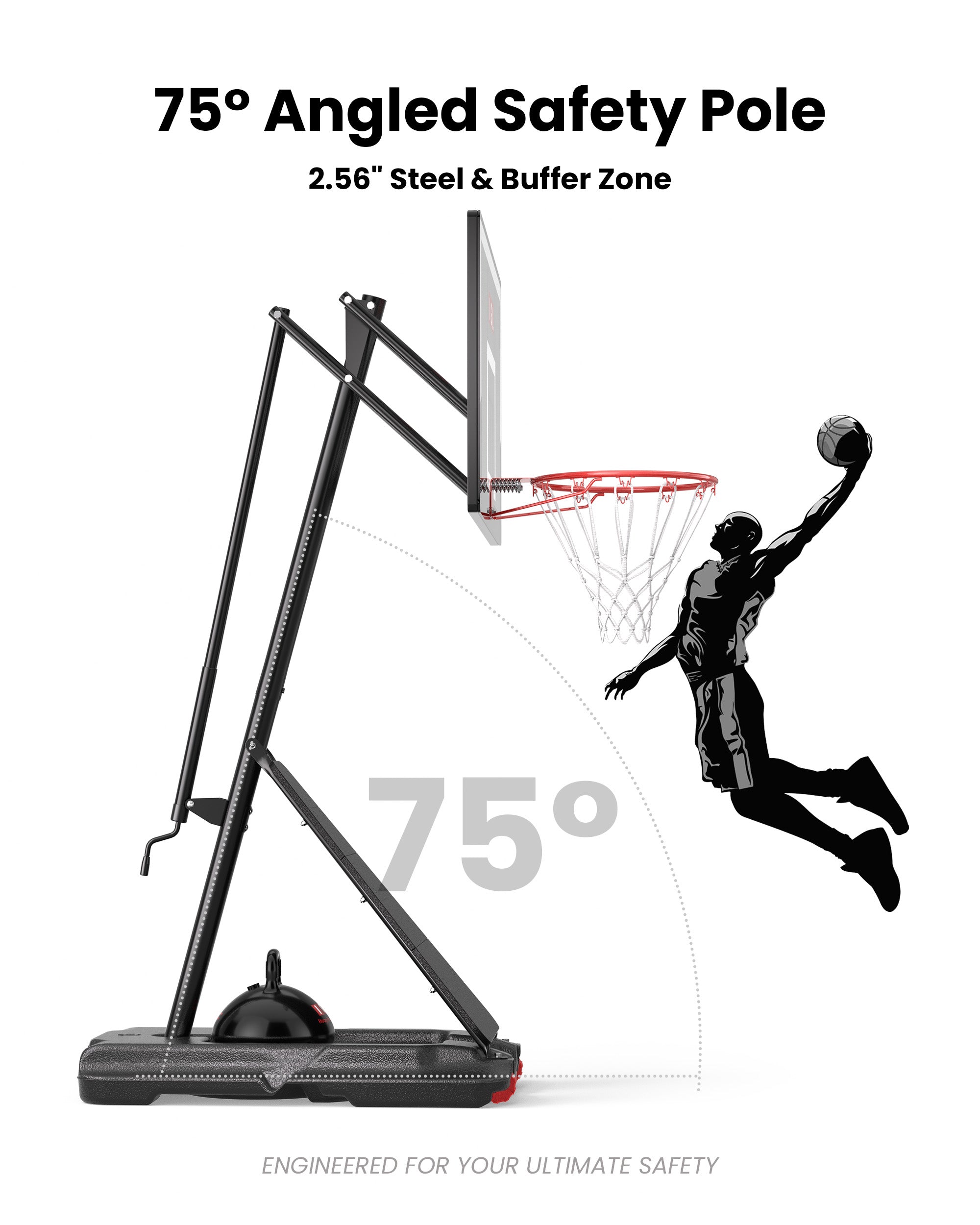 75 degree angled pole provides a safe buffer zone for layups, a top choice for schoolyards and home driveways in your city.