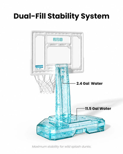 Anti-slip stable 9 gallon base holds water or 100 lbs of sand to keep the kids poolside basketball hoop firmly in place on wet tiles.