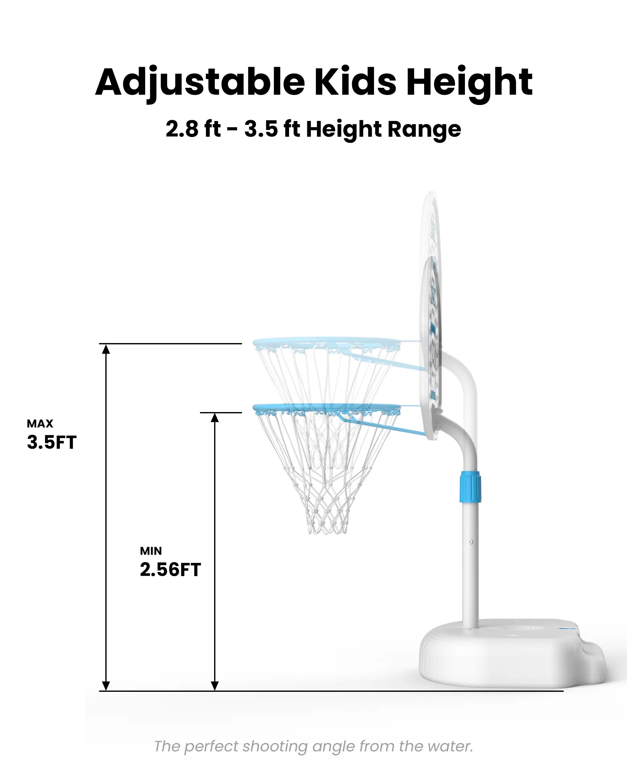 Toddler-optimized adjustable height kids water basketball hoop ranges from 28 to 36 inches for the shallow end of the pool.