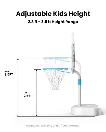 Toddler-optimized adjustable height kids water basketball hoop ranges from 28 to 36 inches for the shallow end of the pool.
