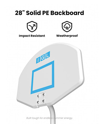28 inch impact resistant solid PE weatherproof basketball backboard built to withstand heavy splashing by the pool.