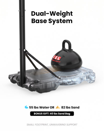 Stable compact portable hoop base holds 6.6 gallons water or 82 lbs sand, plus a bonus weight bag for breezy coastal areas.