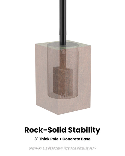 Concrete installed 3-inch thick steel pole provides rock-solid, vibration-free stability for professional backyard courts.