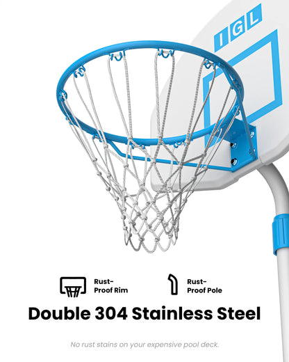 Premium double 304 stainless steel rust-proof pole and 15 inch rim designed to prevent deck stains for toddler poolside hoops.