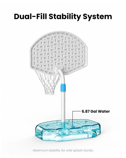 Ultra-compact anti-slip 6.87 gallon base holds water or 75 lbs of sand to keep the kids poolside basketball hoop secure on narrow edges.