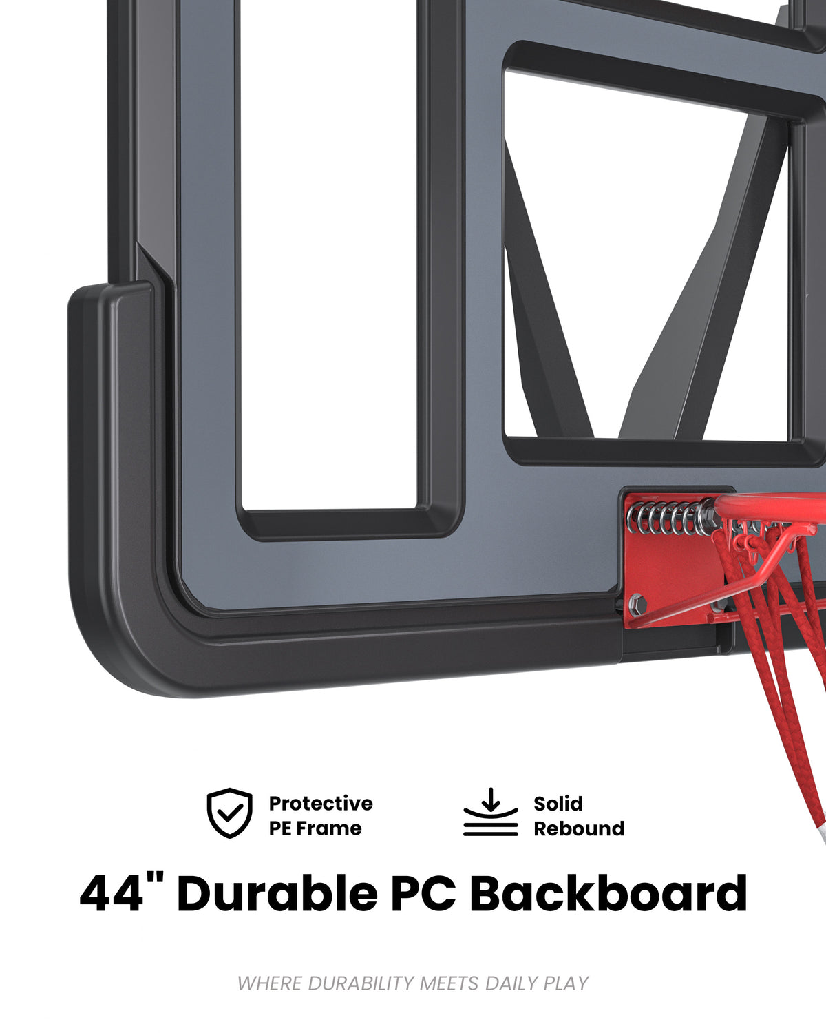 Durable 44 inch PC backboard with protective PE frame, built to withstand tough weather in states like Texas and Florida.